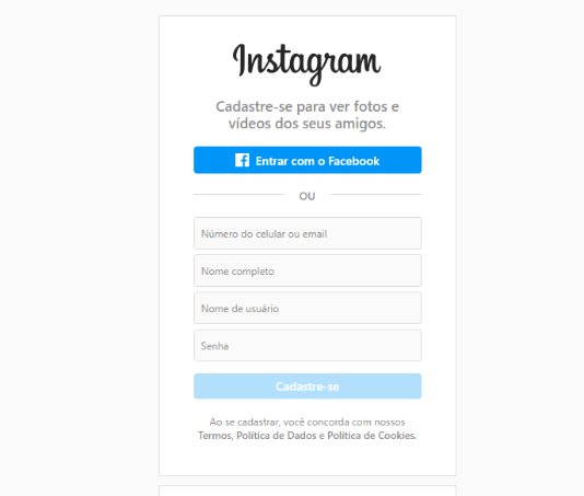 Tela de cadastro do Instagram que aparece para usuários do pc
