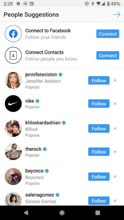 Sugestões de pessoas a serem seguidas na tela de recomendações no Instagram