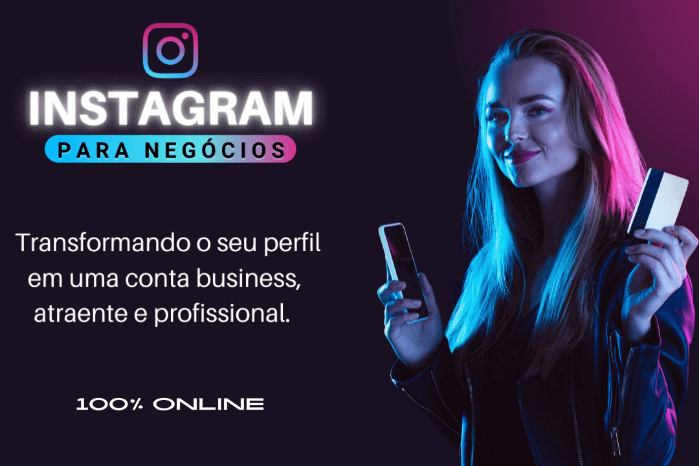 Curso de instagram para negócios com uma mulher ao fundo segurando um telefone e um cartão de crédito